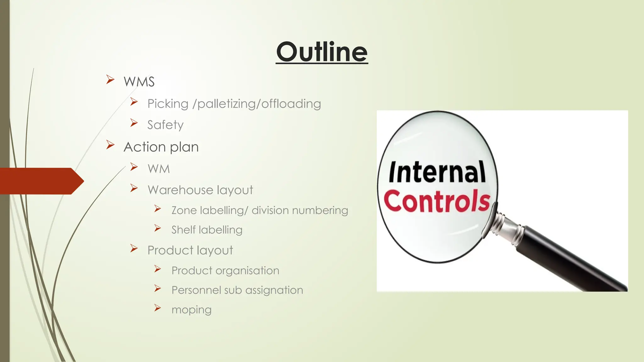 Outline
 WMS
 Picking /palletizing/offloading
 Safety
 Action plan
 WM
 Warehouse layout
 Zone labelling/ division numbering
 Shelf labelling
 Product layout
 Product organisation
 Personnel sub assignation
 moping
 