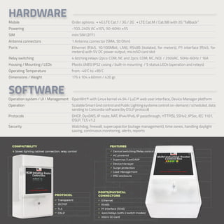 Mobile
Powering
SIM
Antenna connectors
Ports
Relay switching
Housing / Mounting / LEDs
Operating Temperature
Dimensions / Weight
HARDWARE
HARDWARE
SOFTWARE
SOFTWARE
Order options: • 4G LTE Cat.1 / 3G / 2G • LTE Cat.M / Cat.NB with 2G “fallback”
~100..240V AC ±10%, 50-60Hz ±5%
mini SIM (2FF)
1 Antenna connector (SMA, 50 Ohm)
Ethernet (RJ45, 10/100Mbit, LAN), RS485 (isolated, for meters), P1 interface (RJ45, for
meters) with 5V DC power output, microSD card slot
4 latching relays (2pcs: COM, NC and 2pcs: COM, NC, NO) / 250VAC, 50Hz-60Hz / 16A
Plastic (ABS) IP52 casing / built-in mounting / 5 status LEDs (operation and relays)
from -40’C to +85’C
175 x 104 x 60mm / 420 gr.
Operation system / UI / Management
Operation
Protocols
Security
OpenWrt® with Linux kernel v4.94 / LuCi® web user interface, Device Manager platform
ScalableSmartGridcontrolandPublicLightingsystemscontrol:on-demand/scheduled,data
sending to Concordia software (by OSLP protocol)
DHCP, DynDNS, IP route, NAT, IPv4/IPv6, IP passthrough, HTTP(S), SSHv2, IPSec, IEC 1107,
OSLP, TLS v1.2
Watchdog, firewall, supercapacitor (outage management), time zones, handling daylight
saving, continuous monitoring, alerts, reports
 