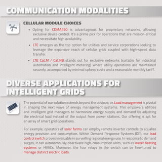 . . .
COMMUNICATION MODALITIES
COMMUNICATION MODALITIES
DIVERSE APPLICATIONS FOR
DIVERSE APPLICATIONS FOR
INTELLIGENT GRIDS
INTELLIGENT GRIDS
The potential of our solution extends beyond the obvious; as Load management is pivotal
in shaping the next wave of energy management systems. This empowers utilities
and intelligent grid managers to harmonize energy supply and demand by adjusting
the electrical load instead of the output from power stations. Our offering is apt for
an array of smart grid operations.
For example, operators of solar farms can employ remote inverter controls to equalize
energy provision and consumption. Within Demand Response Systems (DR), our load
control switch proves invaluable in surveilling regional energy use. In response to demand
surges, it can autonomously deactivate high-consumption units, such as water heating
systems or HVACs. Moreover, the four relays in the switch can be fine-tuned to
manage distinct electric loads.
CELLULAR MODULE CHOICES
• Opting for CDMA450 is advantageous for proprietary networks, allowing
exclusive device control. It’s a prime pick for operations that are mission-critical
and necessitate high availability.
• LTE emerges as the top option for utilities and service corporations looking to
leverage the expansive reach of cellular grids coupled with high-speed data
transfer.
• LTE Cat.M / Cat.NB stands out for exclusive networks (suitable for industrial
automation and intelligent metering) where utility operations are maintained
securely, accompanied by minimal upkeep costs and a reasonable monthly tariff.
 