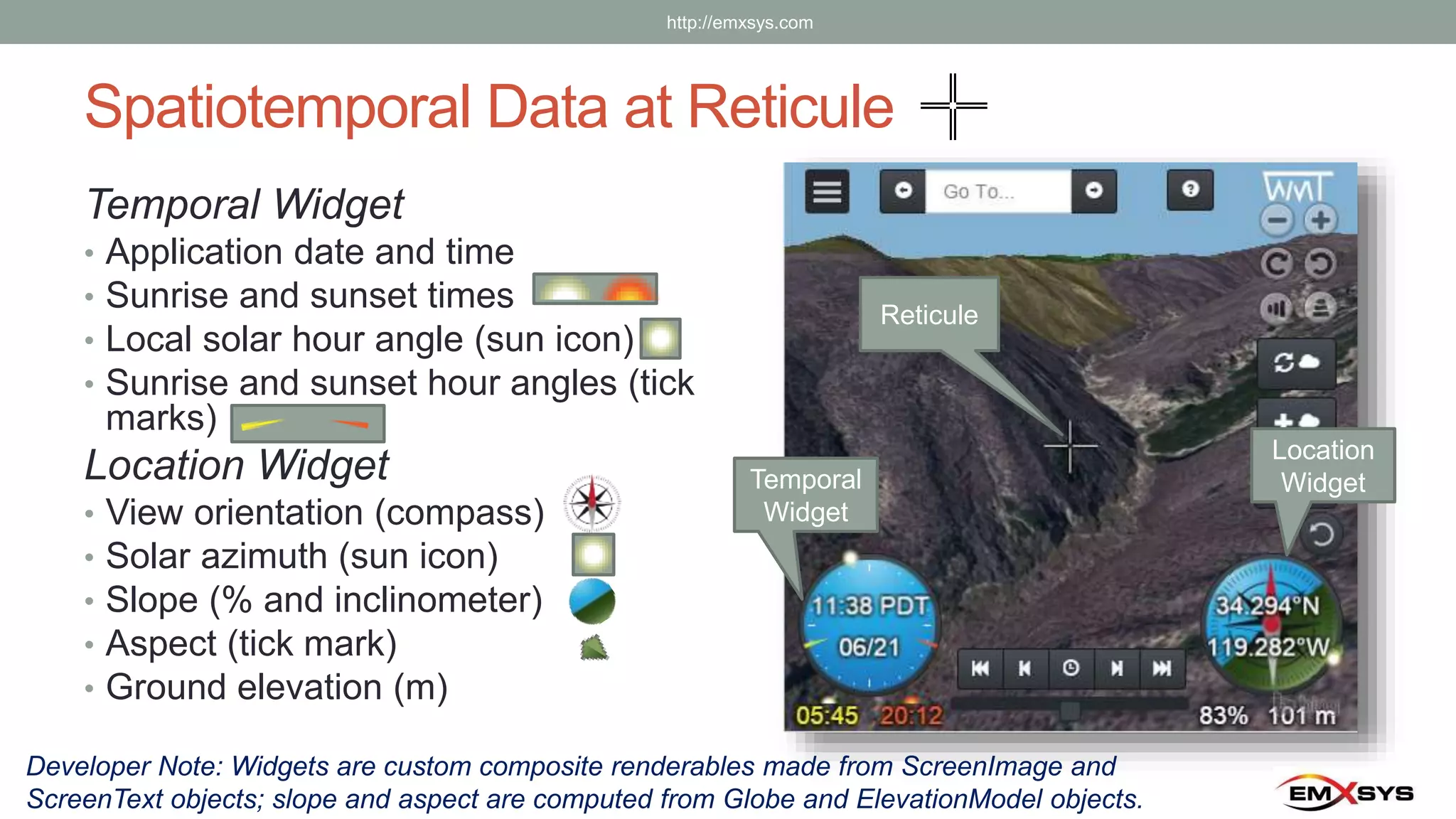 Spatiotemporal Data at Reticule
Temporal Widget
• Application date and time
• Sunrise and sunset times
• Local solar hour angle (sun icon)
• Sunrise and sunset hour angles (tick
marks)
Location Widget
• View orientation (compass)
• Solar azimuth (sun icon)
• Slope (% and inclinometer)
• Aspect (tick mark)
• Ground elevation (m)
Developer Note: Widgets are custom composite renderables made from ScreenImage and
ScreenText objects; slope and aspect are computed from Globe and ElevationModel objects.
Temporal
Widget
Location
Widget
Reticule
http://emxsys.com
 