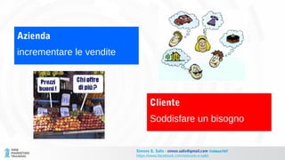 Azienda
incrementare le vendite
Cliente
Soddisfare un bisogno
Simone E. Salis - simon.salis@gmail.com @simox767
https://www.facebook.com/simone.e.salis
 