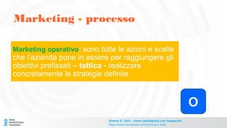 Marketing - processo
Simone E. Salis - simon.salis@gmail.com @simox767
https://www.facebook.com/simone.e.salis
Marketing operativo: sono tutte le azioni e scelte
che l’azienda pone in essere per raggiungere gli
obiettivi prefissati – tattica - realizzare
concretamente le strategie definite
O
 