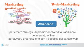 Marketing
tradizionale
Web-Marketing
Affiancano
per creare strategie di promozione/vendita tradizionali
del mercato offline
per avviare una relazione con il pubblico del canale web
Simone E. Salis - simon.salis@gmail.com @simox767
https://www.facebook.com/simone.e.salis
 