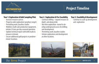 Project Timeline
              GOLD, I NC .


Year 1: Exploration & Bulk Sampling Pilot         Year 2: Exploration & Pre-Feasibility       Year 3: Feasibility & Development
 • Increase resource ounces                        • Continue drilling – expand resource at    • Continue to scale up development
 • Property wide exploration (porphyry target)       depth and along strike                      and exploration
 • Permitting work; baseline studies               • Ben Vein exploration -tunnel to de-
 • Mobilize small scale production equipment,        velop underground access for drilling
   initiate 25 tons per day seasonal operation       and development
 • Update technical report with drill results &    • Permitting work; baseline studies
   resource estimate                               • Initiate exploration and development
 • Secure additional gold projects in predeter-      at other locations.
   mined locations




  The Terra Project                                              	              www.westmountaingold.com | WMTN-OTC         9
 