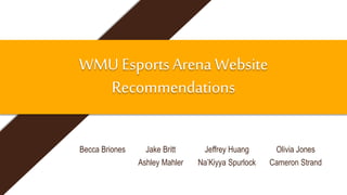 WMU Esports Arena Website
Recommendations
Jake Britt
Ashley Mahler
Jeffrey Huang
Na’Kiyya Spurlock
Olivia Jones
Cameron Strand
Becca Briones
 