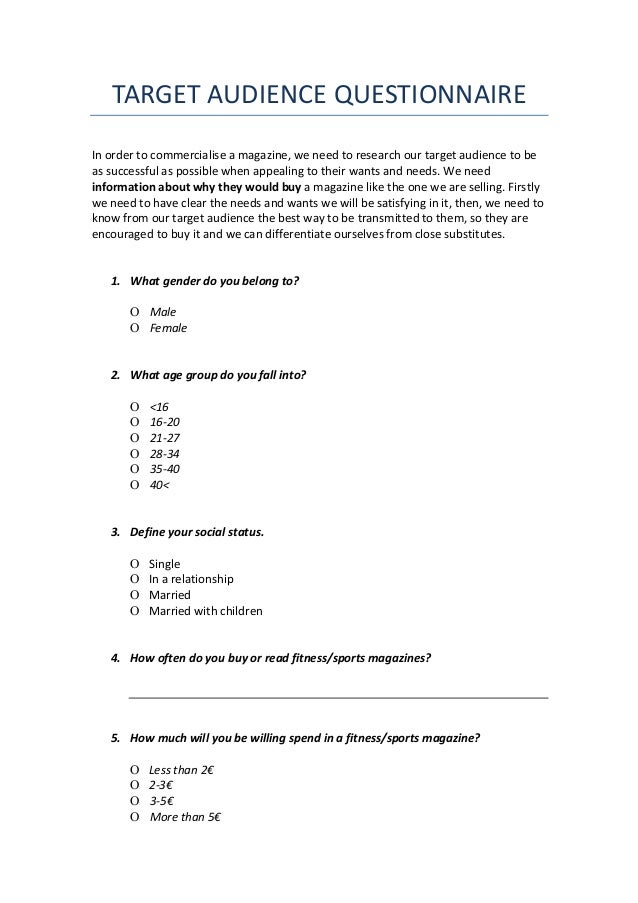 target audience questionnaire target questionnaire