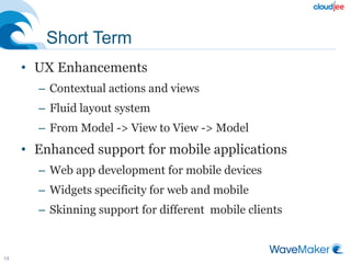 Short Term
• UX Enhancements
– Contextual actions and views
– Fluid layout system
– From Model -> View to View -> Model
• Enhanced support for mobile applications
– Web app development for mobile devices
– Widgets specificity for web and mobile
– Skinning support for different mobile clients
15
 