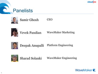 Panelists
Samir Ghosh CEO
Vevek Pandian WaveMaker Marketing
Deepak Anupalli Platform Engineering
Sharad Solanki WaveMaker Engineering
4
 