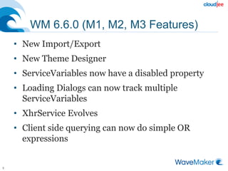 WM 6.6.0 (M1, M2, M3 Features)
• New Import/Export
• New Theme Designer
• ServiceVariables now have a disabled property
• Loading Dialogs can now track multiple
ServiceVariables
• XhrService Evolves
• Client side querying can now do simple OR
expressions
9
 