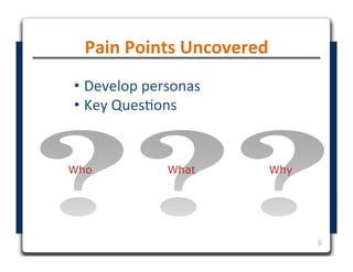 Pain	
  Points	
  Uncovered	
  
•  Develop	
  personas	
  
•  Key	
  Ques4ons	
  
	
  

Who               What          Wh...