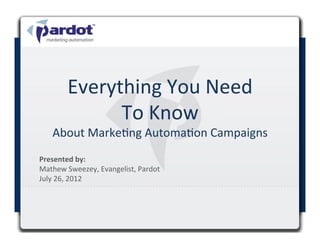 Everything	
  You	
  Need	
  
                To	
  Know	
  
       About	
  MarkeDng	
  AutomaDon	
  Campaigns	
  
Presented	
  by:	
  	
  
Mathew	
  Sweezey,	
  Evangelist,	
  Pardot	
  
July	
  26,	
  2012	
  

	
  
 