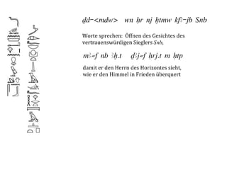 Dd-<mdw> wn Hr nj xtmw kfA-jb ‚nb

Worte	
  sprechen:	
  	
  Öffnen	
  des	
  Gesichtes	
  des	
  	
  
vertrauenswürdigen	
  Sieglers	
  ‚nb,	
  

mA≠f nb Ax.t                   DAj≠f Hrj.t m Htp
damit	
  er	
  den	
  Herrn	
  des	
  Horizontes	
  sieht,	
  	
  
wie	
  er	
  den	
  Himmel	
  in	
  Frieden	
  überquert	
  
 