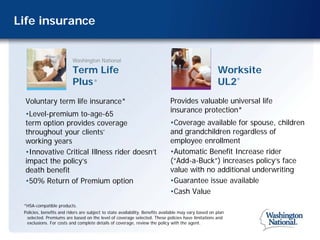 Life insurance


                          Washington National

                          Term Life                                                                    Worksite
                          Plus        ®
                                                                                                       UL2    ®




  Voluntary term life insurance*                                              Provides valuable universal life
                                                                              insurance protection*
  •Level-premium to-age-65
  term option provides coverage                                               •Coverage available for spouse, children
  throughout your clients’                                                    and grandchildren regardless of
  working years                                                               employee enrollment
  •Innovative Critical Illness rider doesn’t                                  •Automatic Benefit Increase rider
  impact the policy’s                                                         (“Add-a-Buck”) increases policy’s face
  death benefit                                                               value with no additional underwriting
  •50% Return of Premium option                                               •Guarantee issue available
                                                                              •Cash Value
 *HSA-compatible products.
 Policies, benefits and riders are subject to state availability. Benefits available may vary based on plan
  selected. Premiums are based on the level of coverage selected. These policies have limitations and
  exclusions. For costs and complete details of coverage, review the policy with the agent.
 