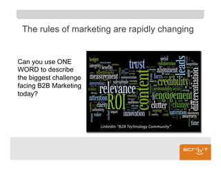 The rules of marketing are rapidly changing


Can you use ONE
WORD to describe
the biggest challenge
facing B2B Marketing
today?



                        LinkedIn	
  “B2B	
  Technology	
  Community”	
  
 