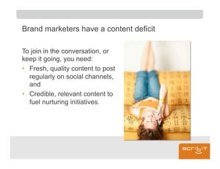 Brand marketers have a content deficit

To join in the conversation, or
keep it going, you need:
•  Fresh, quality content to post
   regularly on social channels,
   and
•  Credible, relevant content to
   fuel nurturing initiatives.
 
