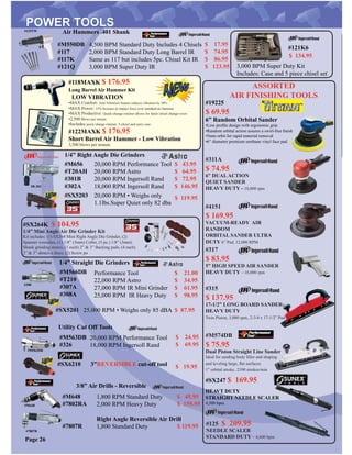 IR-302
1/4” Right Angle Die Grinders
#M656
#T20AH
#301B
#302A
20,000 RPM Performance Tool
20,000 RPM Astro
20,000 RPM Ingersoll Rand
18,000 RPM Ingersoll Rand
$ 43.95
$ 64.95
$ 72.95
$ 146.95
#125 $ 209.95
NEEDLE SCALER
STANDARD DUTY - 4,600 bpm
#SX247 $ 169.95
1/4” Straight Die Grinders
#M566DB
#T210
#307A
#308A
Performance Tool
22,000 RPM Astro
27,000 RPM IR Mini Grinder
25,000 RPM IR Heavy Duty
$ 21.00
$ 34.95
$ 61.95
$ 98.95
$ 87.95
Utility Cut Off Tools
#M563DB
#326
20,000 RPM Performance Tool
18,000 RPM Ingersoll Rand
#308
#M563DB
$ 24.95
$ 69.95
$ 19.95
3/8” Air Drills - Reversible
#M648
#7802RA
#7807R
1,800 RPM Standard Duty
2,000 RPM Heavy Duty
Right Angle Reversible Air Drill
1,800 Standard Duty
#7807R
#M648
$ 45.95
$ 159.95
$ 119.95
#129TW
HEAVT DUTY
STRAIGHT NEEDLE SCALER
4,500 bpm
#SX5203 20,000 RPM • Weighs only
1.1lbs.Super Quiet only 82 dba
#SX5201 25,000 RPM • Weighs only 85 dBA
#SX6210 3”REVERSIBLE cut-off tool
Air Hammers .401 Shank
#M550DB
#117
#117K
#121Q
#121K6
4,500 BPM Standard Duty Includes 4 Chisels
2,000 BPM Standard Duty Long Barrel IR
Same as 117 but includes 5pc. Chisel Kit IR
3,000 BPM Super Duty IR 3,000 BPM Super Duty Kit
Includes: Case and 5 piece chisel set
$ 17.95
$ 74.95
$ 86.95
$ 123.95
$ 134.95
ASSORTED
AIR FINISHING TOOLS
#311A
$ 74.95
6” DUALACTION
QUIET SANDER
HEAVY DUTY - 10,000 rpm
#315
$ 137.95
17-1/2” LONG BOARD SANDER-
HEAVY DUTY
Twin Piston, 3,000 spm, 2-3/4 x 17-1/2” Pad
#4151
$ 169.95
VACUUM-READY AIR
RANDOM
ORBITAL SANDER ULTRA
DUTY 6” Pad, 12,000 RPM
#M574DB
$ 75.95
Dual Piston Straight Line Sander
Ideal for sanding body ﬁller and shaping
and leveling large, ﬂat surfaces.
1” orbital stroke. 2100 strokes/min
#317
$ 83.95
5” HIGH SPEED AIR SANDER
HEAVY DUTY - 18,000 rpm
#19225
$ 69.95
6” Random Orbital Sander
•Low proﬁle design with ergonomic grip
•Random orbital action assures a swirl-free ﬁnish
•5mm orbit for rapid material removal
•6” diameter premium urethane vinyl face pad
Page 26
$ 119.95
#118MAXK $ 176.95
Long Barrel Air Hammer Kit
LOW VIBRATION
•MAX Comfort: Anti-Vibration feature reduces vibration by 30%
•MAX Power: 15% Increase in impact force over standard air hammer
•MAX Productive: Quick-change retainer allows for faster chisel change-overs
•2,500 Blows per minute
•Includes quick change retainer, 5-chisel and carry case
#122MAXK $ 176.95
Short Barrel Air Hammer - Low Vibration
3,500 blows per minute
#SX264K $ 104.95
1/4” Mini Angle Air Die Grinder Kit
Kit includes: (1) SX264 Mini Right Angle Die Grinder, (2)
Spanner wrenches, (1) 1/8” (3mm) Collet, (5 pc.) 1/8” (3mm)
Shank grinding stones, (1 each) 2” & 3” Backing pads, (4 each)
2” & 3” abrasive discs, (2) Screw po
 