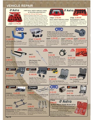 #W89314
$ 122.95
Wheel Bearing Locknut Set
Includes: 2-3/8, 2-1/2” & 55mm Locknuts
2-1/2, 2-3/4, 2-9/16 & 2-3/8” Rounded
Locknuts. 1/2” Drive Hex Locknuts
#W89319
$ 105.95
Spindle Nut Wrench Set
For Many 2 Wheel & 4 Wheel Drive
Light Truck Applications. Includes 4 x
4 Spindle Removing Socket.Includes
Toyota Locknut Wrench
#W89318
$ 105.95
9 PC Axle Nut Socket Set
Contains: 29, 30, 31, 32,33 34, 35, 36 &
38mm • 1/2” Dr. 6 Pt. Extra Long Sockets
FORD AXLE SEAL INSTALLER
Correctly Install the Seal onto the Axle Shaft and into
the Wheel Knuckle, Preventing Front Hub Vacuum
Leaks that Would Cause the 4-Wheel Drive to not Engage
#7897 BALL JOINT SERVICE TOOL
& MASTER ADAPTER SET
Combines the 7865 and 7868 Together
Removes & Replaces Ball Joints. C Frame Press
Alone Can Be Used to Remove & Replace Univer-
sal Joints. Set Includes All The Receiver Tubes &
Removing / Installing Adapters Needed to Work on
Press-Fit Upper & Lower Ball Joints On Most GM,
Ford & Dodge 2 & 4 Wheel Dr. Pickups, Vans &
Sport Utility Vehicles Through 1997. Also Included
is the #2030-1 Live Center Forcing Screw Plug
#7868 $ 89.95
MASTER BALL JOINT
ADAPTER SET - Works On Press
Fit Upper & Lower Ball Joints. Fits
Most GM, Ford & Dodge 2WD &
4WD Vehicles
#7865 $ 94.95
BALL JOINT SERVICE TOOL
H.D. Set for Removal & Installation of
Press-Fit Parts Such as Ball Joints,
Univ. Joint & Truck Brake Anchor
Includes 4-Wheel Drive Adapters
#7249 $ 164.95
Ball Joint Service Tool Set
Includes: C-Frame Press.
3 Receiver Tubes
Installing & Removing Adapters
#W89322
$ 49.95
PROFESSIONAL STRUT SPRING
COMPRESSOR - For Most
Automotive & Light Duty .Applications.
Includes Locking Pins for Additional Safety
#W89311 $ 42.95
COIL SPRING COMPRESSOR
For Use on Most Automotive & Light Truck
Applications. Chrome Moly Steel Jaws
#3903
$ 39.95
2 PIECE STRUT COMPRESSOR
Jaws Hook On To Spring. Safety Hooks
Prevent Spring From Slipping
Use On or Off Vehicle
#3904
$ 59.95
3 PIECE STRUT & COIL
SPRING COMPRESSOR
Jaws Hook On To Spring Safety Hooks
Prevent Spring From Slipping. Use On or
Off Vehicle
#7897 $ 179.95
Page 46
#78444
$ 84.95
44 Piece Master Radio Removal Set
Set includes tools needed to install and
remove after market radios from a large
variety of vehicles
•Set contains radio removal U-hooks, special
wrenches and an assortment of keys speciﬁcally
designed for many types of radios.
•Packaged in a handy blow moulded case
#6695 $ 99.95 For
1998-05 and Newer F250,
F350 F450, and F550’s Re-
places Seal on Trucks That
Have Vacuum Operated
front axles
#6697 $ 109.95
Works on 2005-newer
Ford F-250, F-350, 4X4s
having the vacuum-oper-
ated front axle.
#6698 $ 119.95
•Works on 2005-newer Ford
F-450, F-550, 4X4s having
the vacuum-operated
front axle.
#W89708
$ 47.95
Pulley Puller & Installer Set
For most alternator & power steering pulleys.
Includes power steering line disconnect tool.
#4014
$ 22.50
Inner Tie Rod Tool
remover Inner Tie Rods Without Re-
moving Outer Tie Rods. Will Service
Tie Rods With Flats And Smooth
Tie Rods. Slide Tool Over End And
Tighten Collar To Allow Access With
a 3/8” Drive Extension
#8077
$ 62.95
Slide Hammer Pilot
Bearing Puller
Removes Bearings
1/2”- 1-1/2” Diameter
#2112
$ 107.95
Valve Spring Compressor
Replaces valves spring without the need
to remove the cylinder head. For BMW,
VW, Hyundi, Ford, Renault, Opel, Seat
& Clio
#4040
$ 89.95
GM Torsion Bar Unloading Tool
Built for GM’s K-3500 Series trucks with
heavy-duty chassis and a larger torsion bar
#7832
$ 169.95
GM Torsion Bar Unloader
•Larger design to cover the newer GM truck
applications: 2011 & newer HD C/K trucks
#7217
$ 55.95
Locknut Socket
Designed to ﬁt axle nut on Chevy
Topkick/Kodiak, 2003 - newer
Similar to factory tool J44275
#W89316
$ 64.95
5 Pc. 12 Point Axle Nut
Socket Set
Contains: 30, 32, 34, 36 and 39MM
 
