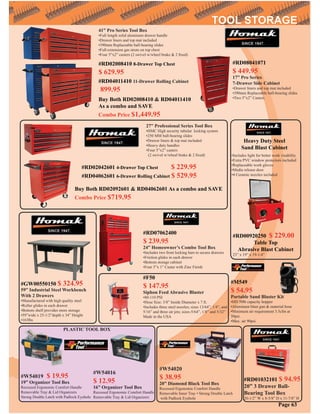 #W54020
$ 38.95
20” Diamond Black Tool Box
Recessed Ergonomic Comfort Handle
Removable Inner Tray • Strong Double Latch
with Padlock Eyehole
#W54016
$ 12.95
16” Organizer Tool Box
Recessed Ergonomic Comfort Handle
Removable Tray & Lid Organizers
#W54019 $ 19.95
19” Organizer Tool Box
Recessed Ergonomic Comfort Handle
Removable Tray & Lid Organizers
Strong Double Latch with Padlock Eyehole
PLASTIC TOOL BOX
Page 63
#RD07062400
$ 239.95
24” Homeowner’s Combo Tool Box
•Includes two front locking bars to secure drawers
•Friction glides in each drawer
•Bottom storage cabinet
•Four 3”x 1” Caster with Zinc Finish
#RD02042601 4-Drawer Top Chest $ 229.95
#RD04062601 6-Drawer Rolling Cabinet $ 529.95
27” Professional Series Tool Box
•HMC High security tubular locking system
•250 MM ball-bearing slides
•Drawer liners & top mat included
•Heavy duty handles
•Four 5”x2” casters
(2 swivel w/wheel brake & 2 ﬁxed)
Buy Both RD02092601 & RD04062601 As a combo and SAVE
Combo Price $719.95
#GW00550150 $ 324.95
59” Industrial Steel Workbench
With 2 Drawers
•Manufactured with high quality steel
•Roller glides in each drawer
•Bottom shelf provides more storage
•59”wide x 25-1/2”depth x 34” Height
•163lbs
41” Pro Series Tool Box
•Full length solid aluminum drawer handle
•Drawer liners and top mat included
•390mm Replaceable ball-bearing slides
•Full-extension gas struts on top chest
•Four 5”x2” casters (2 swivel w/wheel brake & 2 ﬁxed)
#RD02008410 8-Drawer Top Chest
$ 629.95
#RD04011410 11-Drawer Rolling Cabinet
899.95
Buy Both RD02008410 & RD04011410
As a combo and SAVE
Combo Price $1,449.95
#RD08041071
$ 449.95
17” Pro Series
7-Drawer Side Cabinet
•Drawer liners and top mat included
•390mm Replaceable ball-bearing slides
•Two 5”x2” Casters
•Includes light for better work visability
•Extra PVC window protectors included
•Replaceable work gloves
•Media release door
•4 Ceramic nozzles included
#RD00920250 $ 229.00
Table Top
Abrasive Blast Cabinet
23” x 19” x 19-1/4”
Heavy Duty Steel
Sand Blast Cabinet
#RD01032101 $ 94.95
20” 3 Drawer Ball-
Bearing Tool Box
20-1/2” W x 8-5/8” D x 11-7/8” H
#F50
$ 147.95
Siphon Feed Abrasive Blaster
•80-110 PSI
•Hose Size: 3/8” Inside Diameter x 7 ft.
•Includes three steel nozzles; sizes 13/64”, 1/4”, and
5/16” and three air jets; sizes-5/64”, 1/8” and 5/32”
Made in the USA
#M549
$ 54.95
Portable Sand Blaster Kit
•HD 50lb capacity hopper
•Aluminum blast gun & material hose
•Minimum air requirement 3.5cfm at
50psi.
•Max. air 90psi.
 