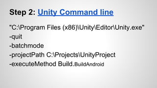 Step 2: Unity Command line
"C:Program Files (x86)UnityEditorUnity.exe"
-quit
-batchmode
-projectPath C:ProjectsUnityProject
-executeMethod Build.BuildAndroid
 