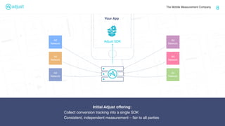 The Mobile Measurement Company
Your App
8
Adjust SDK
Ad
Network
Ad
Network
Ad
Network
Ad
Network
Ad
Network
Ad
Network
Initial Adjust offering:
Collect conversion tracking into a single SDK
Consistent, independent measurement – fair to all parties
 