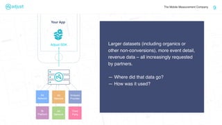 The Mobile Measurement Company
Your App
9
Adjust SDK
Ad
Network
Third
Party
BI
Platform
Larger datasets (including organics or
other non-conversions), more event detail,
revenue data – all increasingly requested
by partners.
— Where did that data go?
— How was it used?
Ad
Network
Analysis
Provider
Ad
Network
 