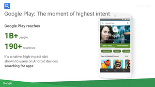 Proprietary + Confidential
Google Play reaches
1B+people
190+countries
It’s a native, high impact slot
shown to users on Android devices
searching for apps
Google Play: The moment of highest intent
 