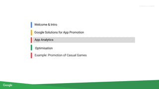 Proprietary + Confidential
Welcome & Intro
Google Solutions for App Promotion
Optimisation
Example: Promotion of Casual Games
App Analytics
 