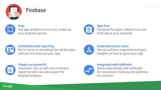 Proprietary + Confidential
Firebase
Free
Full app analytics at no cost; scales as
your business grows
App-first
Designed for apps; reflects how you
think about your business
Integrated with AdWords
Works seamlessly with AdWords
for conversion tracking and audience
list creation
Understand your users
Set up audience segments and gain
insights on how to grow your app
Simple yet powerful
Automatic set up with out-of-the-box
reporting with raw data export for
detailed analysis
Unlimited event reporting
No hit limits or sampling! See all the data
and use it to improve your app
 