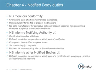 01.04.2016 NEW EMC DIRECTIVE11
• NB monitors conformity
 Changes to state of art (i.e.harmonized standards)
 Manufacturer informs NB of product modifications
 NB asks manufacturer for corrective actions if product becomes non-conforming,
otherwise suspends or withdraws certificate
• NB informs Notifying Authority of:
 Certificates issued or withdrawn
 Refusal, restriction, suspension or withdrawal of certificates
 Changes to their notified scope or status
 Subcontracting (on request)
 Request for information by Market Surveillance Authorities
• NB informs other Notified Bodies of:
 Refusal, restriction, suspension or withdrawal of a certificate and, on request, positive
assessments and additions
Chapter 4 - Notified Body duties
 