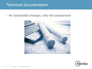 01.04.2016 NEW EMC DIRECTIVE14
• No substantial changes, only risk assessment
Technical documentation
 