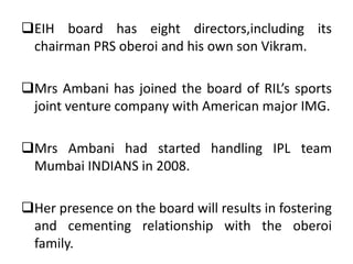 During the first quarter net profit amounted to Rs 1,068.29 Crore,compared with Rs 832.05 crore in the corresponding quarter last year.Nita Ambani may board EIH for RILReliance industries may nominate its chairman Mukesh Ambani’s wife Nita Ambani to the board of East INDIA Hotels as and when the luxury chain decides to offer directorship to INDIA’s largest sector company .