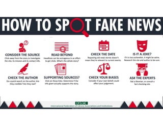 CONSIDER THE SOURCE
Click away from the story to investigate
the site, its mission and its contact info.
READ BEYOND
Headlines can be outrageous in an effort
to get clicks. What’s the whole story?
CHECK THE AUTHOR
Do a quick search on the author. Are
they credible? Are they real?
SUPPORTING SOURCES?
Click on those links. Determine if the
info given actually supports the story.
CHECK THE DATE
Reposting old news stories doesn’t
mean they’re relevant to current events.
IS IT A JOKE?
If it is too outlandish, it might be satire.
Research the site and author to be sure.
CHECK YOUR BIASES
Consider if your own beliefs could
affect your judgement.
ASK THE EXPERTS
Ask a librarian, or consult a
fact-checking site.
International Federation of Library Associations and Institutions
With thanks to www.FactCheck.org
 