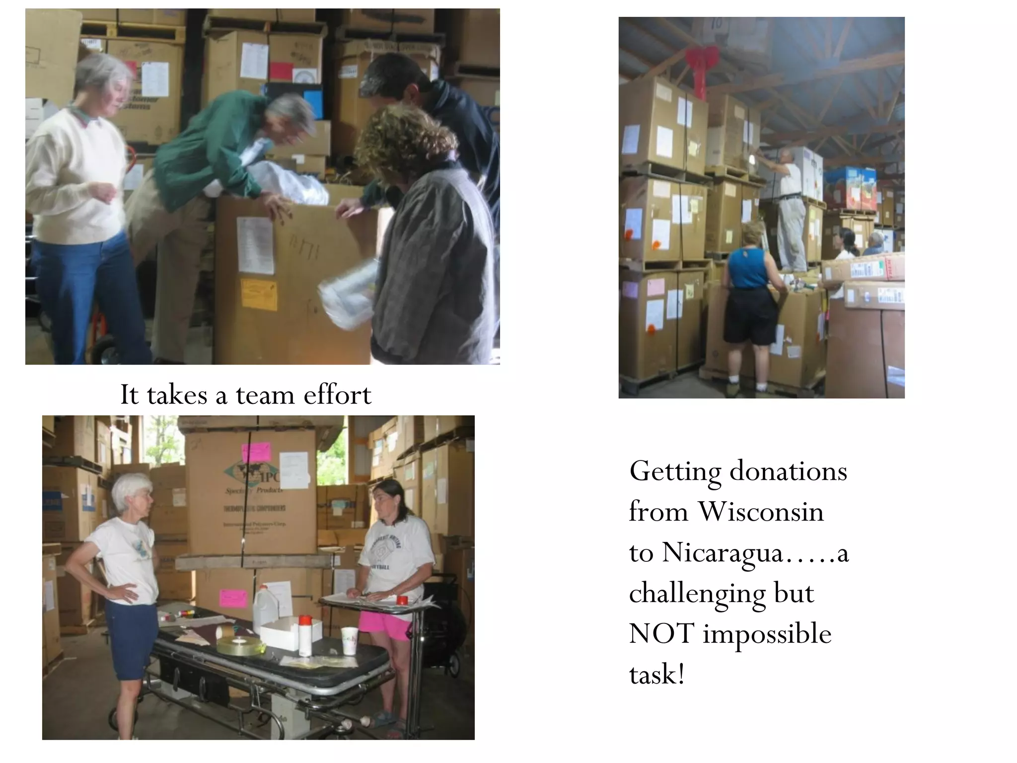 It takes a team effort
Getting donations
from Wisconsin
to Nicaragua…..a
challenging but
NOT impossible
task!

 