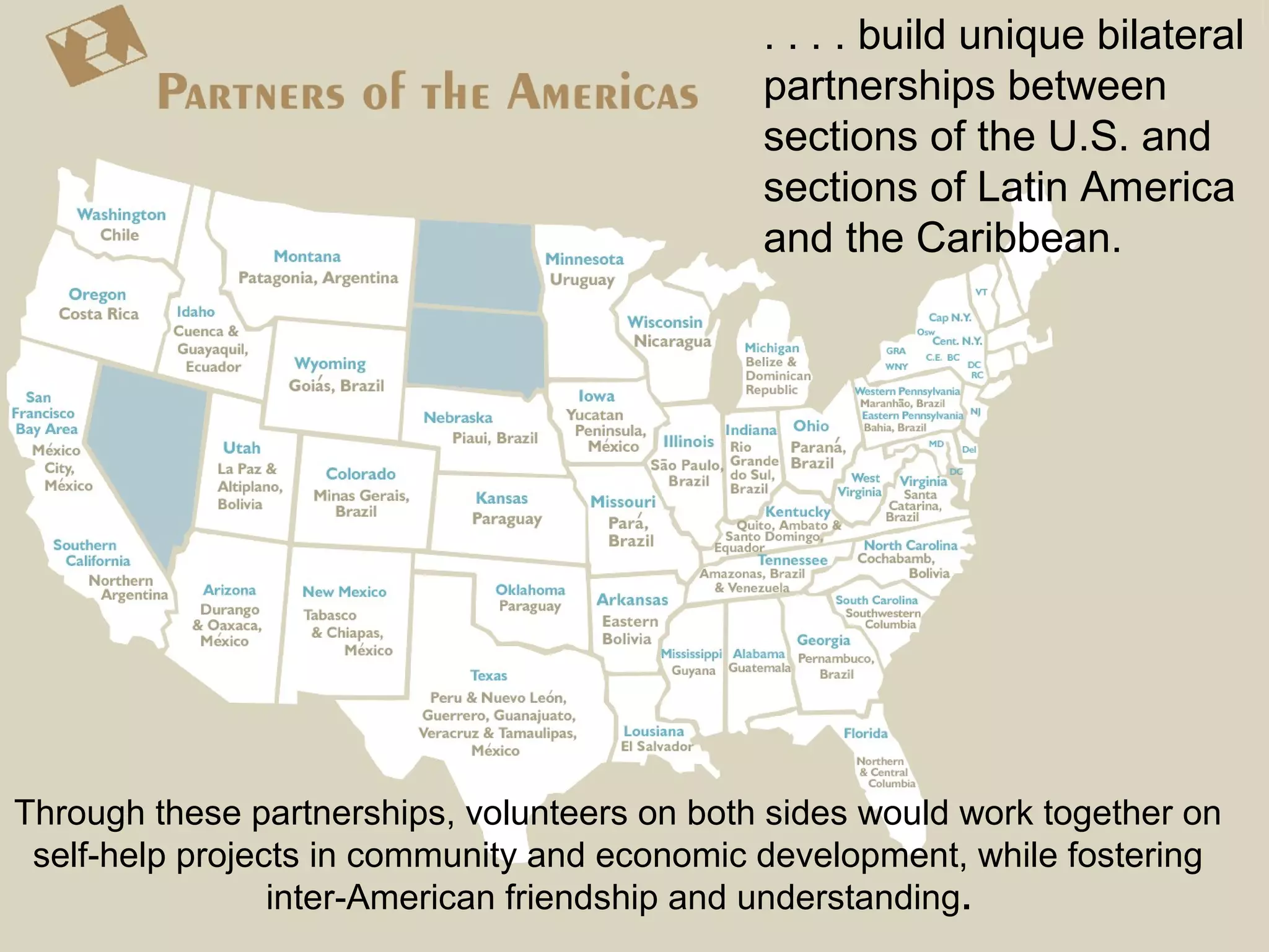 . . . . build unique bilateral
partnerships between
sections of the U.S. and
sections of Latin America
and the Caribbean.

Through these partnerships, volunteers on both sides would work together on
self-help projects in community and economic development, while fostering
inter-American friendship and understanding.

 