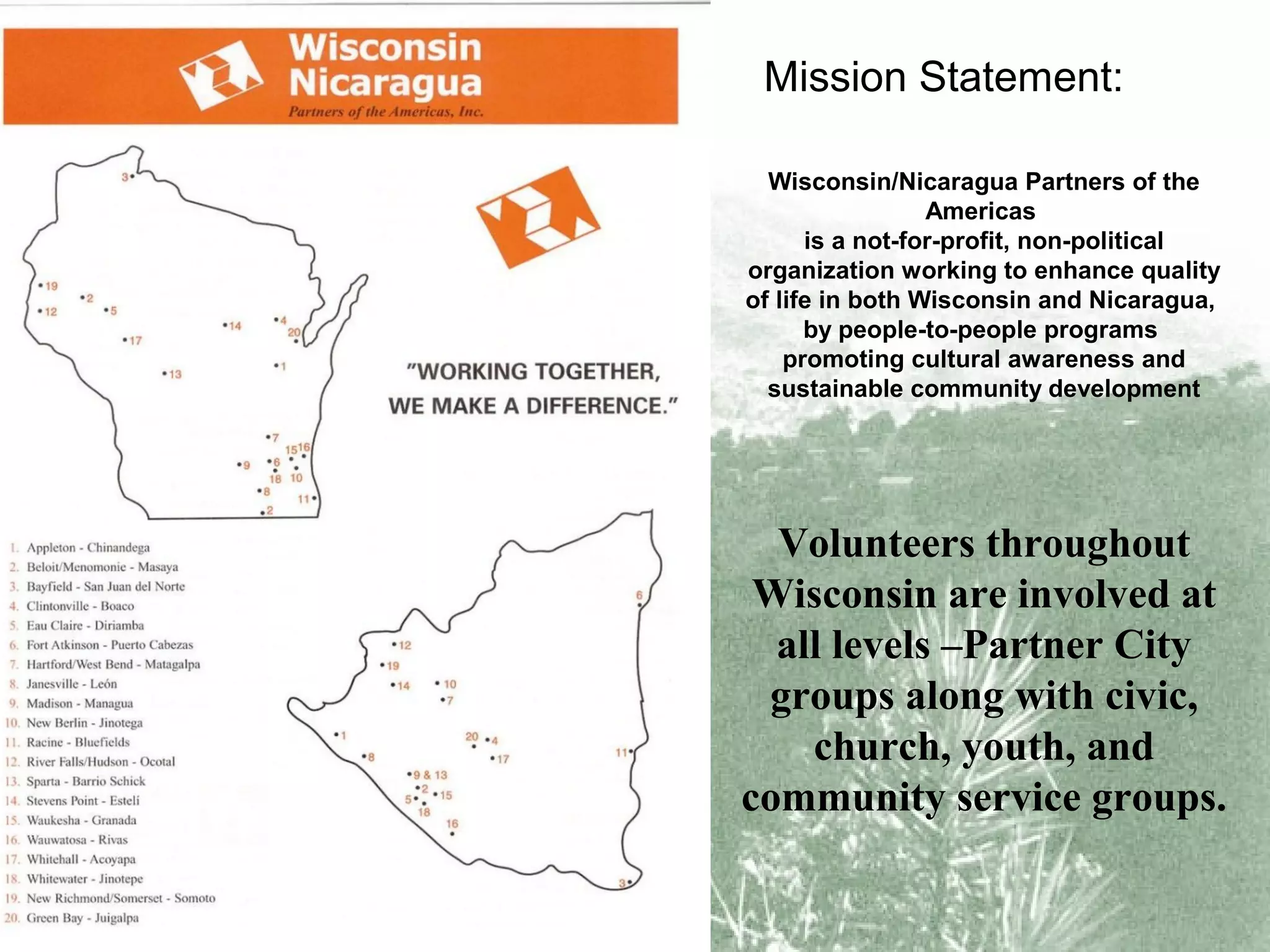 Mission Statement:
Wisconsin/Nicaragua Partners of the
Americas
is a not-for-profit, non-political
organization working to enhance quality
of life in both Wisconsin and Nicaragua,
by people-to-people programs
promoting cultural awareness and
sustainable community development

Volunteers throughout
Wisconsin are involved at
all levels –Partner City
groups along with civic,
church, youth, and
community service groups.

 