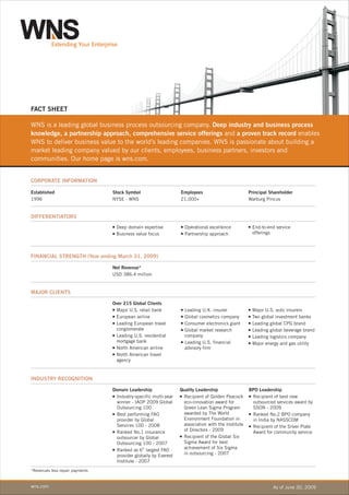 FACT SHEET

WNS is a leading global business process outsourcing company. Deep industry and business process
knowledge, a partnership approach, comprehensive service offerings and a proven track record enables
WNS to deliver business value to the world’s leading companies. WNS is passionate about building a
market leading company valued by our clients, employees, business partners, investors and
communities. Our home page is wns.com.


CORPORATE INFORMATION

Established                      Stock Symbol                    Employees                         Principal Shareholder
1996                             NYSE - WNS                      21,000+                           Warburg Pincus


DIFFERENTIATORS
                                 nDeep domain expertise          n Operational excellence          nEnd-to-end service
                                 nBusiness value focus           n Partnership approach             offerings




FINANCIAL STRENGTH (Year ending March 31, 2009)

                                 Net Revenue*
                                 USD 386.4 million


MAJOR CLIENTS

                                 Over 215 Global Clients
                                 n U.S. retail bank
                                  Major                          Leading U.K. insurer
                                                                 n                                 Major U.S. auto insurers
                                                                                                   n

                                 nEuropean airline               Global cosmetics company
                                                                 n                                 Two global investment banks
                                                                                                   n

                                 nLeading European travel        Consumer electronics giant
                                                                 n                                 Leading global CPG brand
                                                                                                   n

                                  conglomerate                   Global market research
                                                                 n                                 Leading global beverage brand
                                                                                                   n
                                 nLeading U.S. residential       company                           Leading logistics company
                                                                                                   n
                                  mortgage bank                  Leading U.S. financial
                                                                 n                                 n energy and gas utility
                                                                                                   Major
                                 n American airline
                                  North                          advisory firm
                                 n American travel
                                  North
                                  agency


INDUSTRY RECOGNITION

                                 Domain Leadership               Quality Leadership                BPO Leadership
                                 nIndustry-specific multi-year   nRecipient of Golden Peacock      nRecipient of best new
                                  winner - IAOP 2009 Global       eco-innovation award for          outsourced services award by
                                  Outsourcing 100                 Green Lean Sigma Program          SSON - 2009
                                 n performing FAO
                                  Best                            awarded by The World             nRanked No.2 BPO company
                                  provider by Global              Environment Foundation in         in India by NASSCOM
                                  Services 100 - 2008             association with the Institute   nRecipient of the Silver Plate
                                 nRanked No.1 insurance           of Directors - 2009               Award for community service
                                  outsourcer by Global           nRecipient of the Global Six
                                  Outsourcing 100 - 2007          Sigma Award for best
                                 nRanked as 6th largest FAO       achievement of Six Sigma
                                  provider globally by Everest    in outsourcing - 2007
                                  Institute - 2007
*Revenues less repair payments


wns.com                                                                                                       As of June 30, 2009
 
