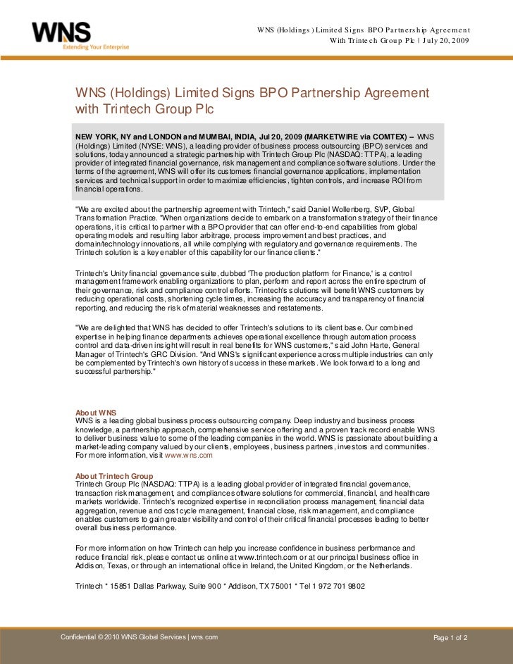 wns holdings limited signs bpo partnership agreement with trintech partnership agreement