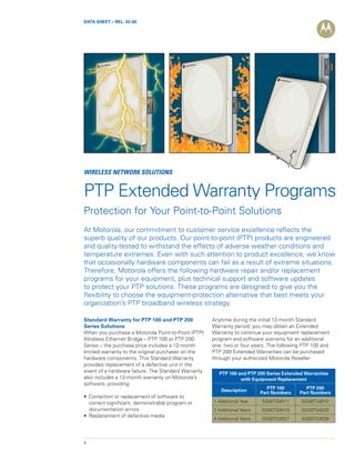 DATA SHEET – REL. 02-00




WIRELESS NETWORK SOLUTIONS


PTP Extended Warranty Programs
Protection for Your Point-to-Point Solutions
At Motorola, our commitment to customer service excellence reflects the
superb quality of our products. Our point-to-point (PTP) products are engineered
and quality-tested to withstand the effects of adverse weather conditions and
temperature extremes. Even with such attention to product excellence, we know
that occasionally hardware components can fail as a result of extreme situations.
Therefore, Motorola offers the following hardware repair and/or replacement
programs for your equipment, plus technical support and software updates
to protect your PTP solutions. These programs are designed to give you the
flexibility to choose the equipment-protection alternative that best meets your
organization’s PTP broadband wireless strategy.

Standard Warranty for PTP 100 and PTP 200            Anytime during the initial 12-month Standard
Series Solutions                                     Warranty period, you may obtain an Extended
When you purchase a Motorola Point-to-Point (PTP)    Warranty to continue your equipment replacement
Wireless Ethernet Bridge – PTP 100 or PTP 200        program and software warranty for an additional
Series – the purchase price includes a 12-month      one, two or four years. The following PTP 100 and
limited warranty to the original purchaser on the    PTP 200 Extended Warranties can be purchased
hardware components. This Standard Warranty          through your authorized Motorola Reseller.
provides replacement of a defective unit in the
event of a hardware failure. The Standard Warranty      PTP 100 and PTP 200 Series Extended Warranties
also includes a 12-month warranty on Motorola’s                  with Equipment Replacement
software, providing:
                                                                             PTP 100         PTP 200
                                                        Description       Part Numbers    Part Numbers
•  orrection or replacement of software to
  C
  correct significant, demonstrable program or       1 Additional Year    SG00TS4011      SG00TS4012
  documentation errors                               2 Additional Years   SG00TS4019      SG00TS4020
• Replacement of defective media
                                                     4 Additional Years   SG00TS4027      SG00TS4028




1
 