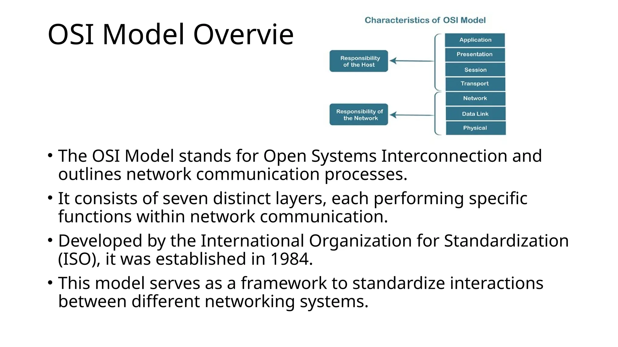 OSI Model Overview
• The OSI Model stands for Open Systems Interconnection and
outlines network communication processes.
• It consists of seven distinct layers, each performing specific
functions within network communication.
• Developed by the International Organization for Standardization
(ISO), it was established in 1984.
• This model serves as a framework to standardize interactions
between different networking systems.
 