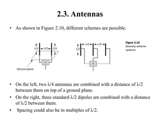 2.3. Antennas
• As shown in Figure 2.10, different schemes are possible.
• On the left, two λ/4 antennas are combined with a distance of λ/2
between them on top of a ground plane.
• On the right, three standard λ/2 dipoles are combined with a distance
of λ/2 between them.
• Spacing could also be in multiples of λ/2.
 