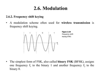 2.6. Modulation
2.6.2. Frequency shift keying
• A modulation scheme often used for wireless transmission is
frequency shift keying.
• The simplest form of FSK, also called binary FSK (BFSK), assigns
one frequency f1 to the binary 1 and another frequency f2 to the
binary 0.
 