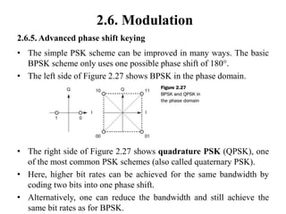 2.6. Modulation
2.6.5. Advanced phase shift keying
• The simple PSK scheme can be improved in many ways. The basic
BPSK scheme only uses one possible phase shift of 180°.
• The left side of Figure 2.27 shows BPSK in the phase domain.
• The right side of Figure 2.27 shows quadrature PSK (QPSK), one
of the most common PSK schemes (also called quaternary PSK).
• Here, higher bit rates can be achieved for the same bandwidth by
coding two bits into one phase shift.
• Alternatively, one can reduce the bandwidth and still achieve the
same bit rates as for BPSK.
 