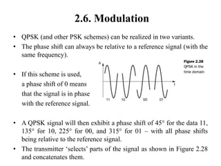 2.6. Modulation
• QPSK (and other PSK schemes) can be realized in two variants.
• The phase shift can always be relative to a reference signal (with the
same frequency).
• If this scheme is used,
a phase shift of 0 means
that the signal is in phase
with the reference signal.
• A QPSK signal will then exhibit a phase shift of 45° for the data 11,
135° for 10, 225° for 00, and 315° for 01 – with all phase shifts
being relative to the reference signal.
• The transmitter ‘selects’ parts of the signal as shown in Figure 2.28
and concatenates them.
 