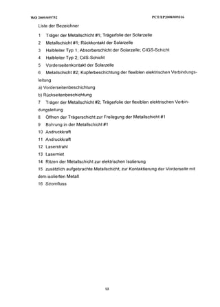Liste der Bezeichner

1   Träger der Metallschicht #I ; Trägerfolie der Solarzelle
2   Metallschicht # I ; Rückkontakt der Solarzelle
3   Halbleiter Typ 1; Absorberschicht der Solarzelle; CIGS-Schicht
4   Halbleiter Typ 2; CdS-Schicht
5   Vorderseitenkontakt der Solarzelle
6   Metallschicht #2; Kupferbeschichtung der flexiblen elektrischen Verbindungs-
leitung
a) Vorderseitenbeschichtung
b) Rückseitenbeschichtung
7   Träger der Metallschicht #2; Trägerfolie der flexiblen elektrischen Verbin-
dungsleitung
8   Öffnen der Trägerschicht zur Freilegung der Metallschicht # I
9   Bohrung in der Metallschicht #I
10 Andruckkrafi
11 Andruckkraft
12 Laserstrahl
13 Laserniet
14 Ritzen der Metallschicht zur elektrischen Isolierung
15 zusätzlich aufgebrachte Metallschicht; zur Kontaktierung der Vorderseite mit
dem isolierten Metall
16 Stromfluss
 