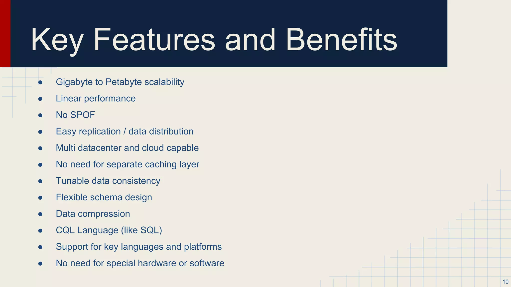 Data Model - Time-To-Live (TTL)
● TTL a row
○ INSERT INTO users (id, first, last) VALUES (‘abc123’, ‘saeid’, ‘zeb’)
USING TTL 3600; //Expires data in one our
● TTL a column
○ UPDATE users USING TTL 30 SET last = ‘zebardast’ WHERE id = ‘abc123’;
● TTL is in seconds
● Can also set default TTL at a table level.
● Expired columns/rows automatically deleted.
● With no TTL specified, columns/values never expire.
● TTL is useful for automatic deletion.
● Re-inserting the same row before it expires will overwrite TTL.
10
 