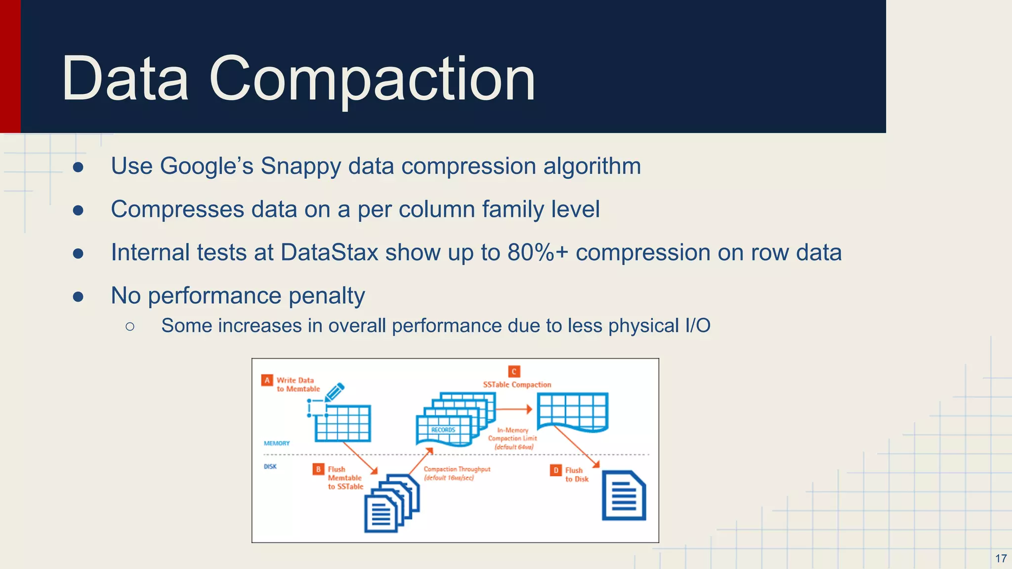 Tunable Data Consistency
● Choose between strong and eventual consistency
○ Depends on the need
● Can be done on a per operation basis, and for both read and writes.
● Handle Multi-data center operations
● Consistency Level (CL)
○ ALL = all replicas ack
○ QUORUM = > 51% of replicas ack
○ ONE = only one replica ack
○ Plus more… (see docs)
17
 
