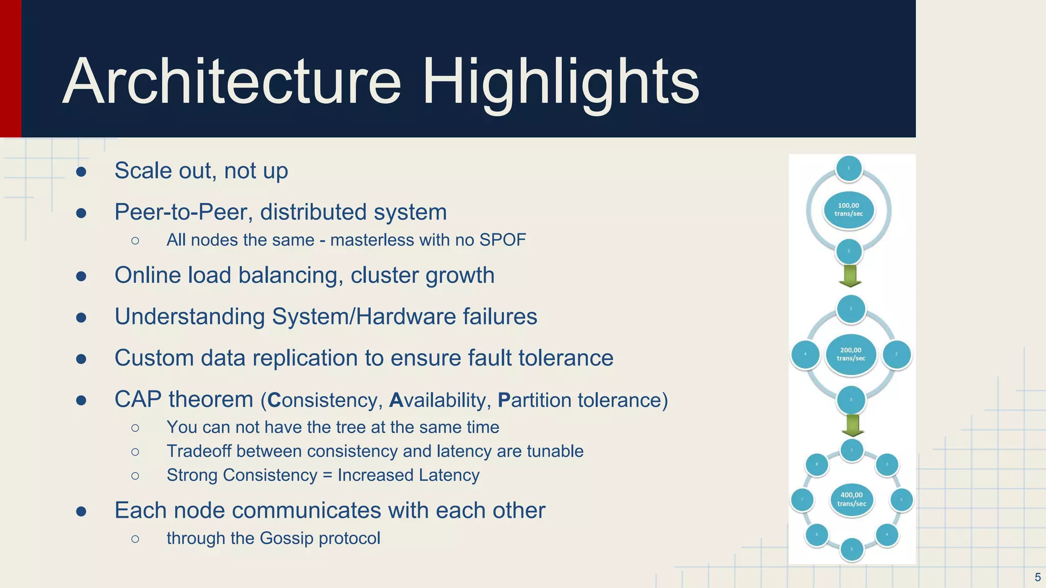 Architecture Highlights
● Scale out, not up
● Peer-to-Peer, distributed system
○ All nodes the same - masterless with no SPOF
● Online load balancing, cluster growth
● Understanding System/Hardware failures
● Custom data replication to ensure fault tolerance
● CAP theorem (Consistency, Availability, Partition tolerance)
○ You can not have the tree at the same time
○ Tradeoff between consistency and latency are tunable
○ Strong Consistency = Increased Latency
● Each node communicates with each other
○ through the Gossip protocol
5
 