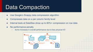 Tunable Data Consistency
● Choose between strong and eventual consistency
○ Depends on the need
● Can be done on a per operation basis, and for both read and writes.
● Handle Multi-data center operations
● Consistency Level (CL)
○ ALL = all replicas ack
○ QUORUM = > 51% of replicas ack
○ ONE = only one replica ack
○ Plus more… (see docs)
17
 