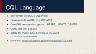 Node Recovery
● When a write is performed and a replica node for the row is unavailable the coordinator will store a hint locally.
● When the node recovers, the coordinator replays the missed writes.
● Note: a hinted write does not count towards the consistency level.
● Note: you should still run repairs across your cluster.
24
 