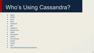 Directories and Files
● Configs
○ The main configuration file for Cassandra
■ /etc/cassandra/cassandra.yaml
○ Java Virtual Machine (JVM) configuration settings
■ /etc/cassandra/cassandra-env.sh
● Data directories
○ /var/lib/cassandra
● Log directory
○ /var/log/cassandra
● Environment settings
○ /usr/share/cassandra
● Cassandra user limits
○ /etc/security/limits.d/cassandra.conf
● More info: Package installation directories...
27
 